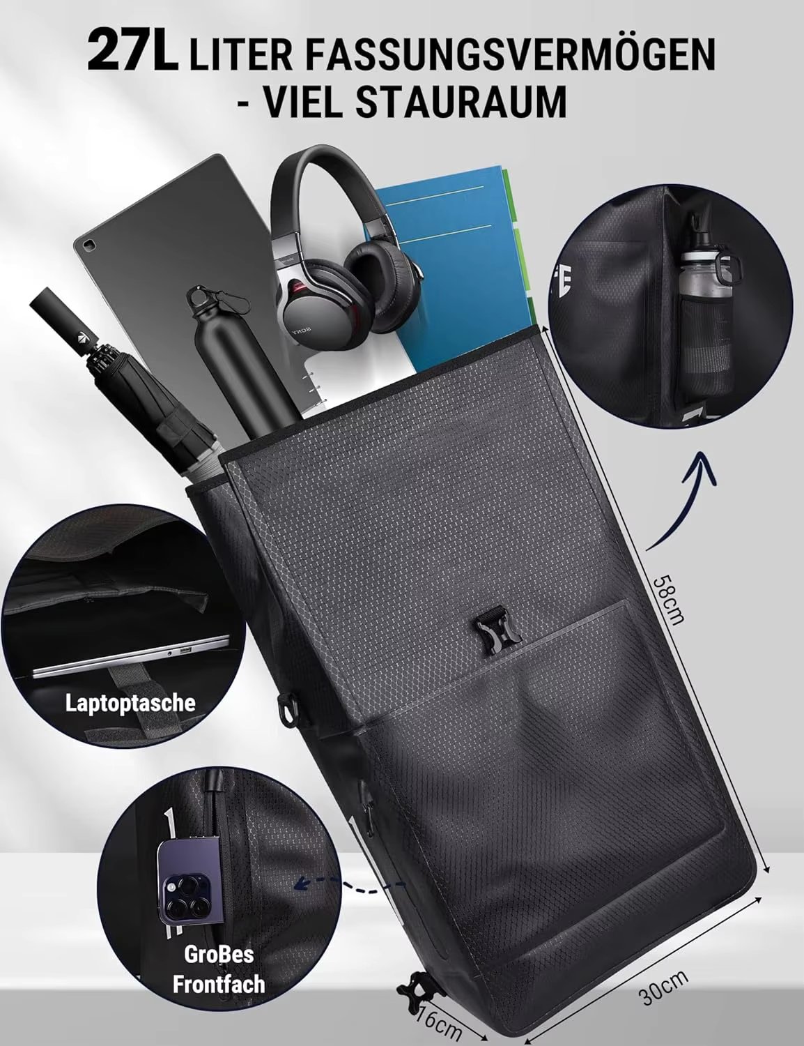 27L 100% Waterproof and Reflective 3 In1 Bicycle Bag for Luggage Rack with Laptop Compartment Backpack and Shoulder Bag