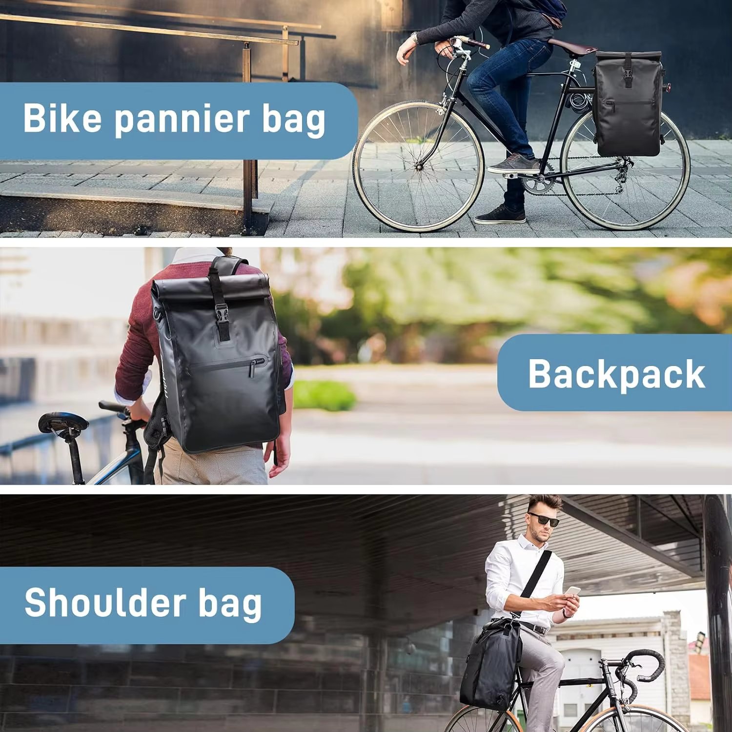 25L Bicycle Pannier Bags for Luggage Racks Waterproof 3 in 1 Bicycle Backpack As Pannier Rack Bag Shoulder Bag