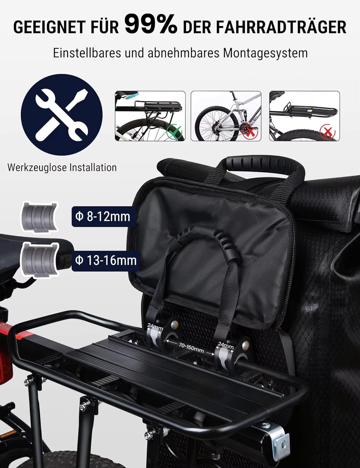 27L 100% Waterproof and Reflective 3 In1 Bicycle Bag for Luggage Rack with Laptop Compartment Backpack and Shoulder Bag