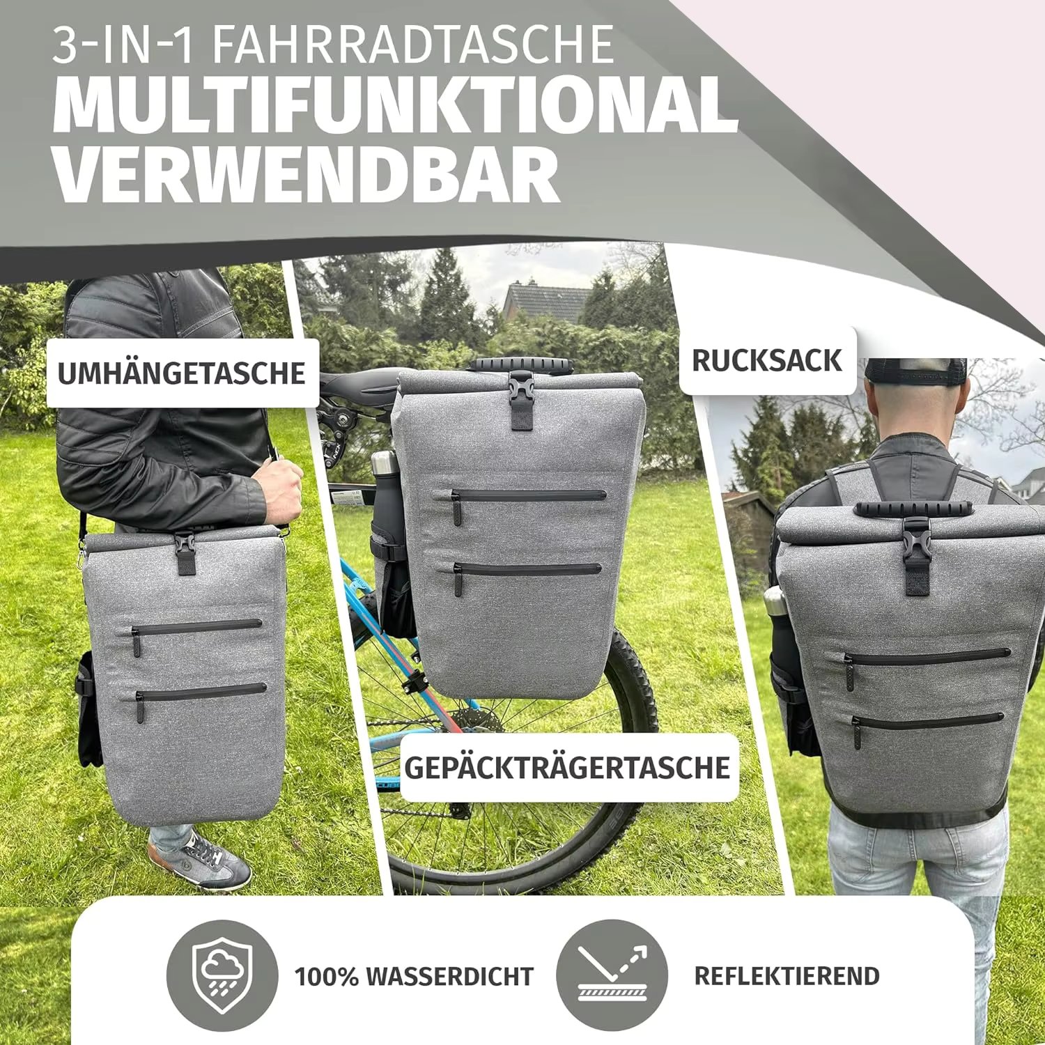 3-in-1 100% Waterproof 23L Carrier Backpack and Shoulder Bag Bicycle Bag Fietstas