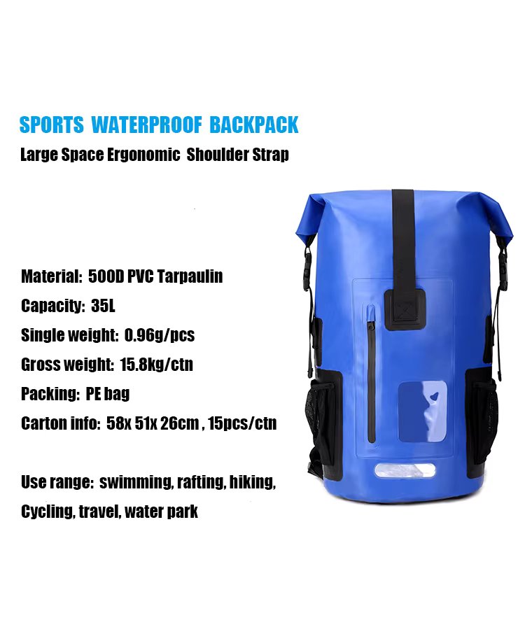 IPX6 Grade Water Proof Recycled Dry Bag 500D Tarpaulin PVC Outdoor Black Camping Waterproof Bag Backpack