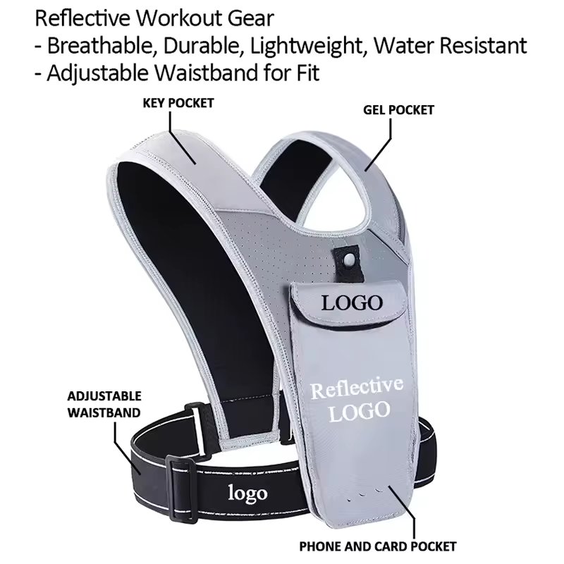 Custom Gym Jogging Lightweight Breathable Adjustable Waistband Reflective Strip Running Phone Holder Vest for Men Women
