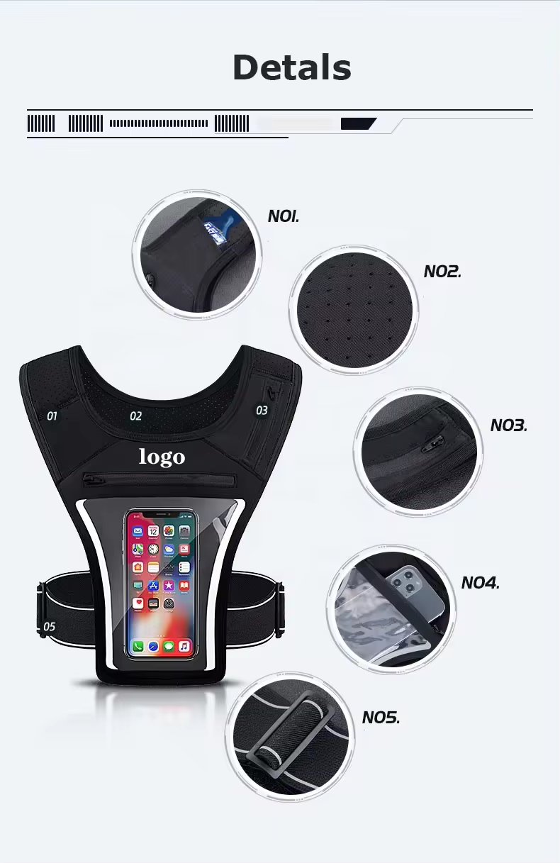 Factory Custom New Arrival Breathable Reflective Chest Running Vest Phone Holder With Clear Touch Screen Window